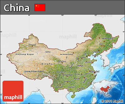 Satellite Map of China, single color outside, bathymetry sea