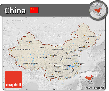 Shaded Relief Map of China, lighten, desaturated