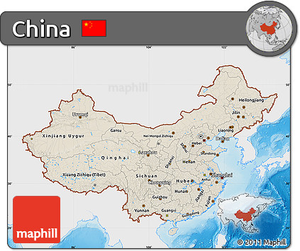 Shaded Relief Map of China, single color outside