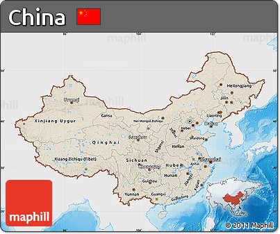 Shaded Relief Map of China, single color outside