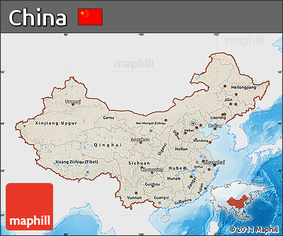 Shaded Relief Map of China, single color outside