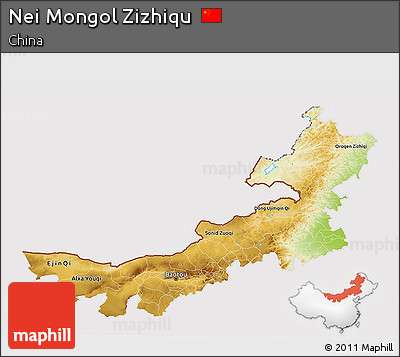 Physical 3D Map of Nei Mongol Zizhiqu, cropped outside