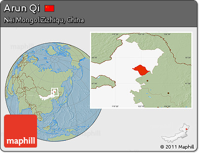 Savanna Style Location Map of Arun Qi, highlighted parent region, hill shading
