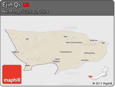 Shaded Relief 3D Map of Ejin Qi, single color outside