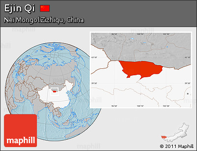 Gray Location Map of Ejin Qi, highlighted country, hill shading