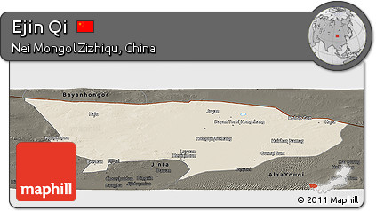 Shaded Relief Panoramic Map of Ejin Qi, darken