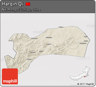 Shaded Relief 3D Map of Harqin Qi, cropped outside