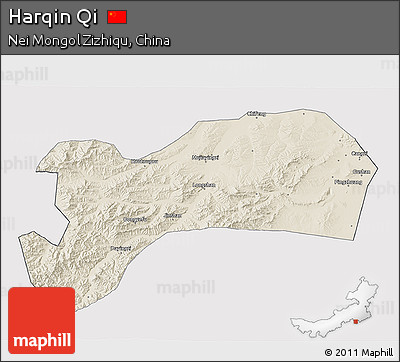 Shaded Relief 3D Map of Harqin Qi, cropped outside
