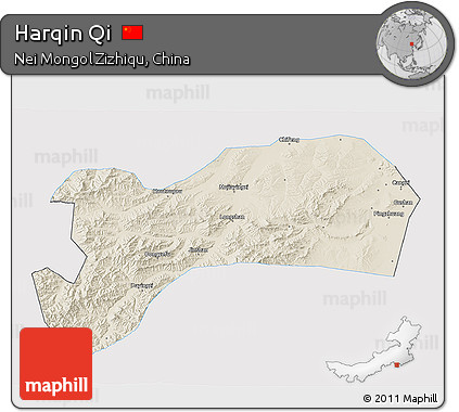Shaded Relief 3D Map of Harqin Qi, single color outside