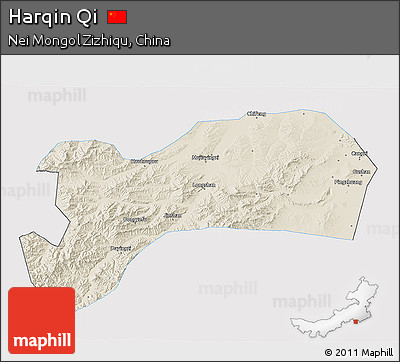 Shaded Relief 3D Map of Harqin Qi, single color outside