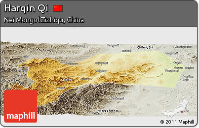 Physical Panoramic Map of Harqin Qi, semi-desaturated