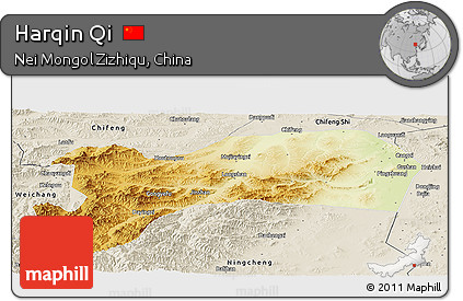 Physical Panoramic Map of Harqin Qi, shaded relief outside