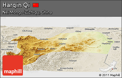 Physical Panoramic Map of Harqin Qi, shaded relief outside
