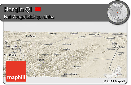 Shaded Relief Panoramic Map of Harqin Qi