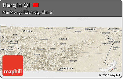 Shaded Relief Panoramic Map of Harqin Qi