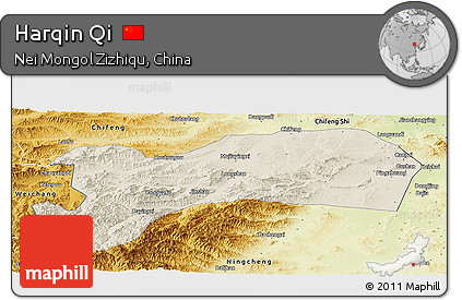 Shaded Relief Panoramic Map of Harqin Qi, physical outside