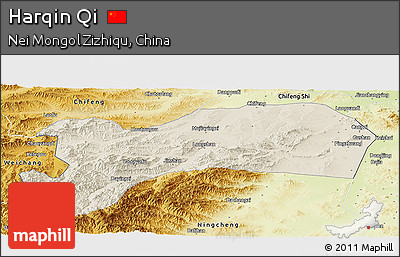 Shaded Relief Panoramic Map of Harqin Qi, physical outside