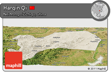 Shaded Relief Panoramic Map of Harqin Qi, satellite outside