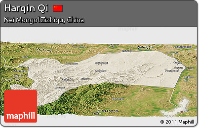 Shaded Relief Panoramic Map of Harqin Qi, satellite outside