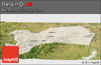 Shaded Relief Panoramic Map of Harqin Qi, satellite outside
