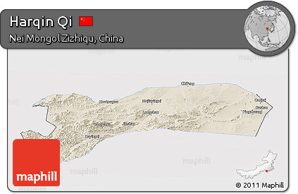 Shaded Relief Panoramic Map of Harqin Qi, single color outside