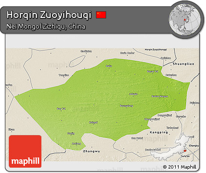 Physical 3D Map of Horqin Zuoyihouqi, shaded relief outside