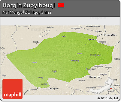 Physical 3D Map of Horqin Zuoyihouqi, shaded relief outside