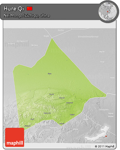 Physical 3D Map of Hure Qi, lighten, desaturated