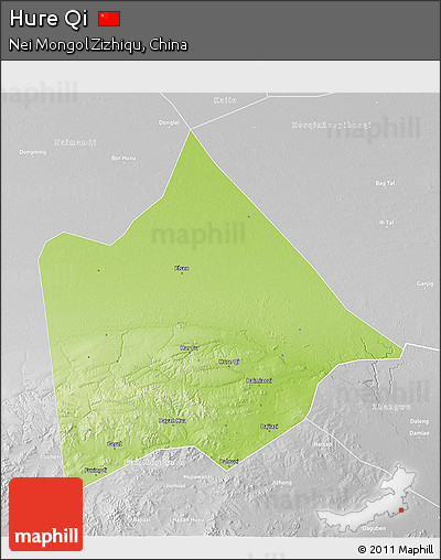 Physical 3D Map of Hure Qi, lighten, desaturated