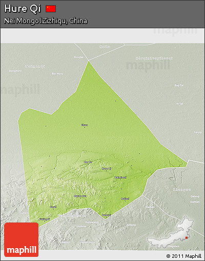 Physical 3D Map of Hure Qi, lighten, semi-desaturated