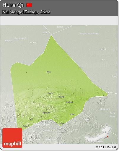 Physical 3D Map of Hure Qi, lighten, semi-desaturated