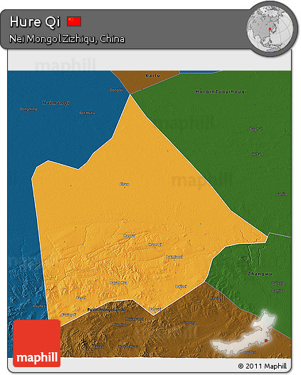Political 3D Map of Hure Qi, darken