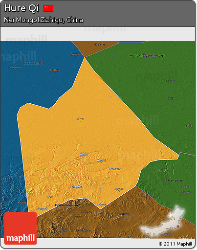 Political 3D Map of Hure Qi, darken