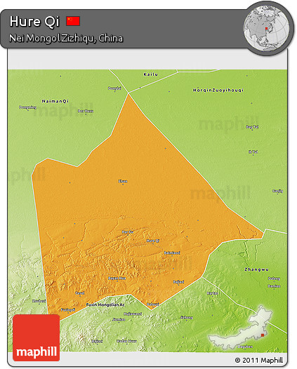 Political 3D Map of Hure Qi, physical outside