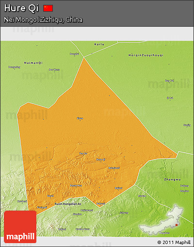 Political 3D Map of Hure Qi, physical outside