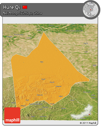 Political 3D Map of Hure Qi, satellite outside