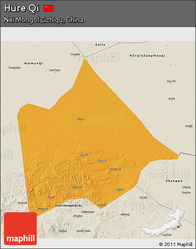 Political 3D Map of Hure Qi, shaded relief outside