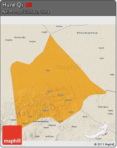 Political 3D Map of Hure Qi, shaded relief outside