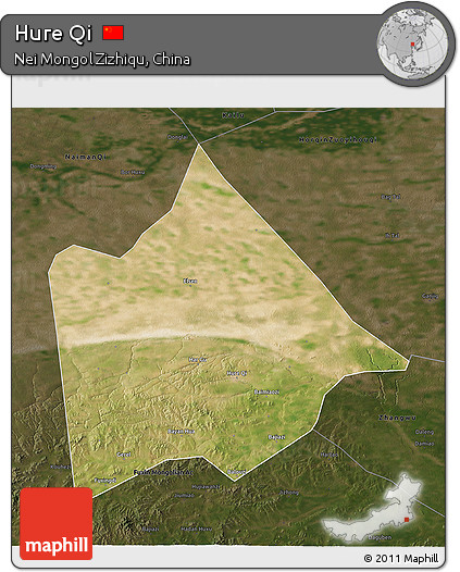Satellite 3D Map of Hure Qi, darken