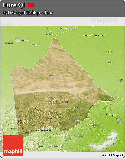 Satellite 3D Map of Hure Qi, physical outside
