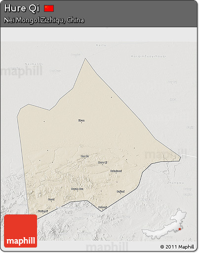 Shaded Relief 3D Map of Hure Qi, lighten, semi-desaturated