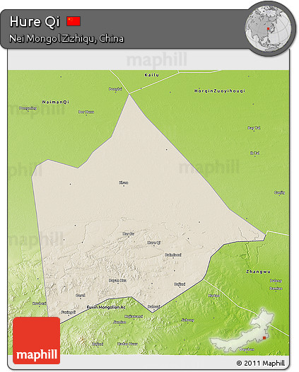 Shaded Relief 3D Map of Hure Qi, physical outside