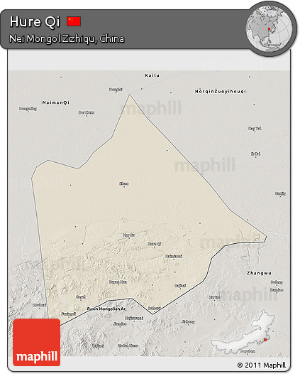 Shaded Relief 3D Map of Hure Qi, semi-desaturated