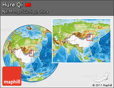 Physical Location Map of Hure Qi, highlighted country, highlighted parent region, within the entire country