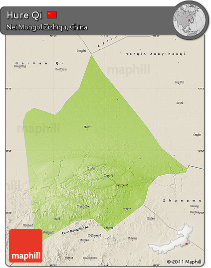 Physical Map of Hure Qi, shaded relief outside