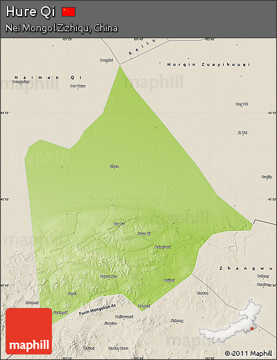 Physical Map of Hure Qi, shaded relief outside