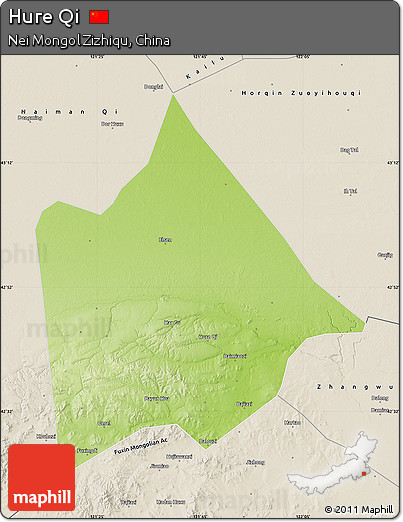 Physical Map of Hure Qi, shaded relief outside