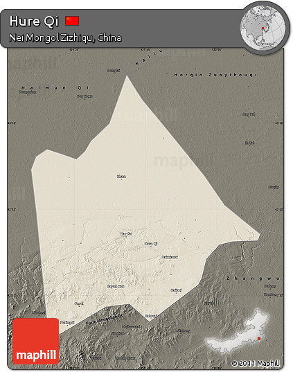 Shaded Relief Map of Hure Qi, darken