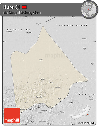 Shaded Relief Map of Hure Qi, desaturated