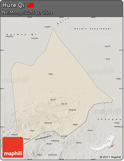 Shaded Relief Map of Hure Qi, semi-desaturated